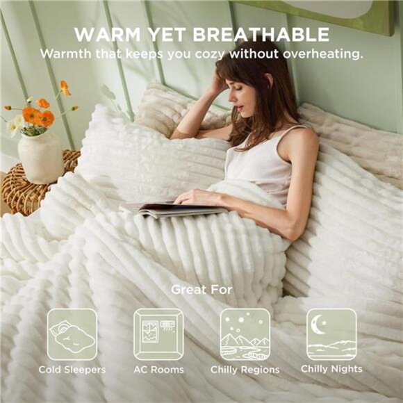 Fluffy Comforter Set Queen - Super Soft Faux Fur Bed Set Cream White, All Season - Picture 5 of 7